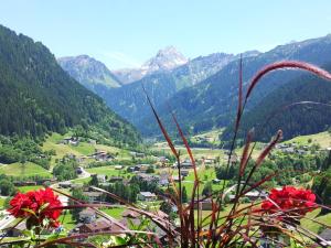 Blick auf eine Stadt in einem Tal mit Bergen in der Unterkunft Alpenpension Maderer in Gaschurn