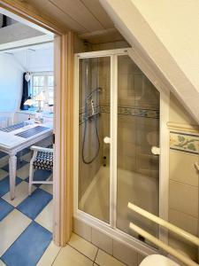 a glass shower in a bathroom with a sink at Friesenhof, Haus Hafis, Whg 9 in Nebel
