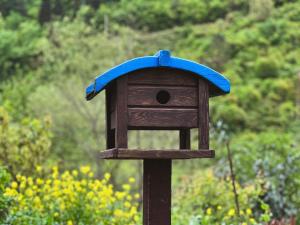 a bird house with a blue roof on a pole at Heaven Forest Villa in Macka