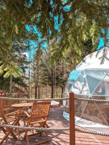 une tente et des chaises sur une terrasse en bois dans l'établissement Medve Dome - Luxury Camping in the middle of nature, à Vlăhiţa