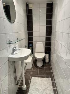 ein Bad mit einem Waschbecken und einem WC in der Unterkunft Rymlig lägenhet i Stenungsund in Stenungsund