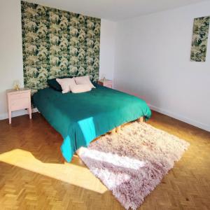 a bedroom with a bed with a green blanket and a rug at La Villa Loha - Maison De Vacances in Saint-Gaudens