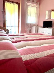 two beds in a room with pink walls at Agriturismo il Portico in Capalbio
