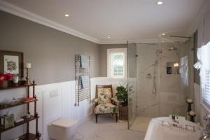 a bathroom with a shower and a toilet and a chair at Woodlands Villa in George