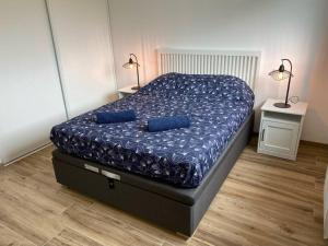 - une chambre avec un lit doté de 2 oreillers bleus dans l'établissement La Grenouillère, à Cléder