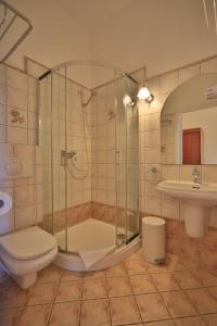 ein Bad mit einer Dusche, einem WC und einem Waschbecken in der Unterkunft Villa Alexandra in Świnoujście