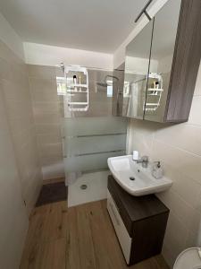 La salle de bains est pourvue d'un lavabo et d'un miroir. dans l'établissement Apartma ALTA, à Tolmin