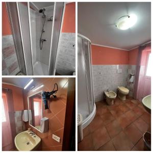 uma casa de banho com um chuveiro, um WC e um lavatório. em Lo Chalet della Principessa em Mormanno
