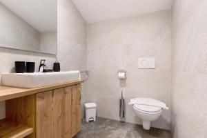 a bathroom with a sink and a toilet at Schererhof Dolomitenblick in Castelrotto +29 photos