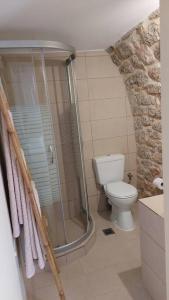 uma casa de banho com um chuveiro e um WC. em 200 year old 'Kamara Suite' with private garden em Pirgos Dhirou