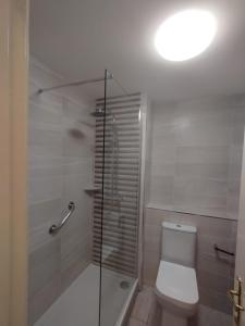 a bathroom with a toilet and a glass shower at Central Hotel Donegal in Donegal