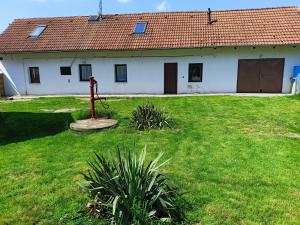 a white house with a red roof and a grass yard at Rekreační dům u Elišky a Barušky in Krakovany