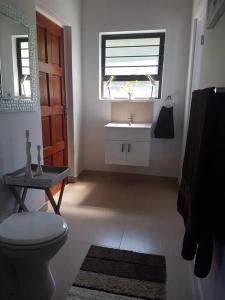a bathroom with a toilet and a sink and a window at 2 bed 2 bath apartment with stunning sea views. in Ballito