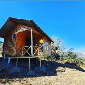 a log cabin with a smiley face on the porch at Golden valley cottages, Chail in Chail