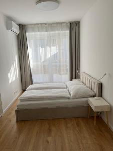 a bed in a room with a large window at Sundeck City Centre Apartment in Bratislava