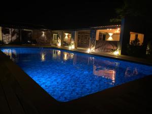 una piscina por la noche con luces en Magnifique villa avec piscine au coeur des vignes en Cogolin