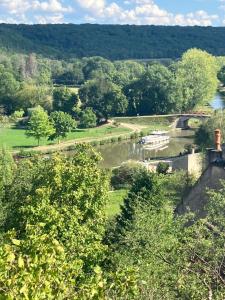 a view of a river with trees and a bridge at La Treille Muscate in Tannay