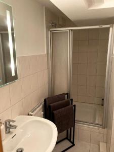 y baño con lavabo, ducha y espejo. en Northeim II, en Northeim
