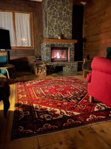 a living room with a red chair and a fireplace at Chalet Ro in Peştera