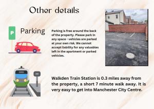 um cartaz de um comboio e um carro num parque de estacionamento em Apartment 1 - Beautiful 1 Bedroom Apartment Near Manchester em Worsley
