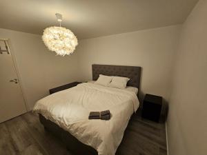 a bedroom with a bed and a chandelier at Villa Astera in Västerås