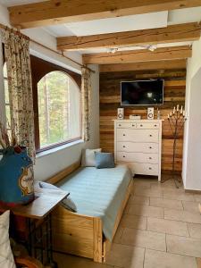 Schlafzimmer mit einem Bett, einem TV und einem Fenster in der Unterkunft Chata Paradise in Smižany