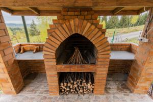 a brick oven with a pile of wood in it at Vila Haiduk in Runcu