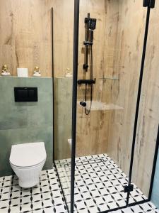 a bathroom with a toilet and a glass shower at Zakątek Solny in Bochnia