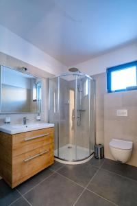 uma casa de banho com um chuveiro, um lavatório e um WC. em Apartmány Trojice em Hynčice pod Sušinou