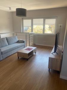 a living room with a couch and a coffee table at Apartament Daleszyce in Daleszyce +1 photo