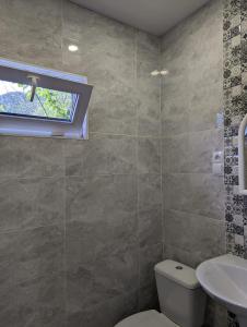 a bathroom with a toilet and a window at Holiday House Likani in Borjomi