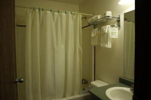 a bathroom with a shower curtain and a sink at Destination Family Hotel in Whitehorse