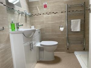 a bathroom with a toilet and a sink and a shower at The Sandrock in Clacton-on-Sea
