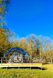 a bench in a field with a blue structure at Glamping dome tent BUUDA in Salacgrīva