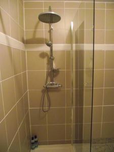 een douche met een glazen deur in de badkamer bij Vue du Pont in Entraygues-sur-Truyère