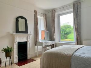 a bedroom with a bed and a fireplace and a mirror at North View House Next to Hadrian's Wall in Gilsland