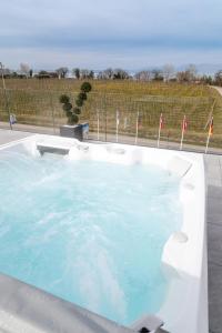 a hot tub with blue water and flags in a field at La Maison du Port in Lazise