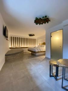 1 dormitorio con cama, mesa y espejo en Èlia Luxury Rooms, en Areopoli