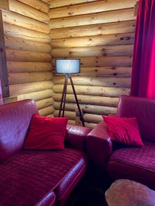 a living room with two leather couches and a lamp at LogCabin Žabljak in Žabljak