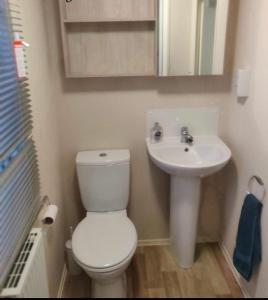 a bathroom with a white toilet and a sink at The Ruby Lido Beach Prestatyn in Prestatyn