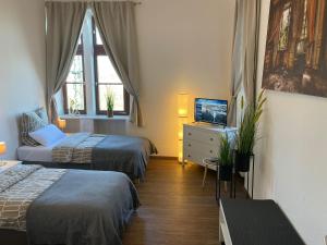 a hotel room with two beds and a television at Charmante Wohnung am Neckar in Bad Wimpfen