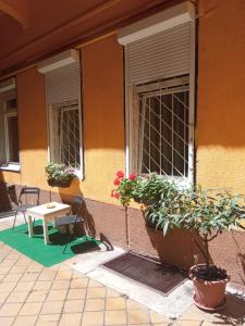 a building with two windows and a table and plants at FREE GARAGE! Downtown apartment, near to Andrássy avenue in Budapest