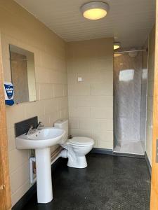La salle de bains est pourvue de toilettes, d'un lavabo et d'une douche. dans l'établissement F&H Camping, à Danby