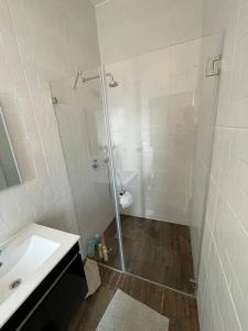 um chuveiro com uma porta de vidro ao lado de um lavatório e um WC em פנטהאוז העצמאות em Qiryat Ata