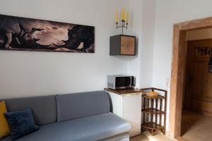 uma sala de estar com um sofá e um micro-ondas em Ferienwohnung am Kurpark Ostrau em Bad Schandau
