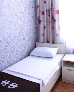 Cama pequeña en habitación pequeña con cortina en Sanjyra hostel, en Karakol