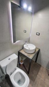 a bathroom with a white toilet and a sink at Dormis:Lodesilvi in Merlo