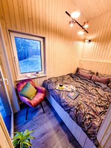 een slaapkamer met een bed, een raam en een stoel bij Holiday cabin BUUDA in Salacgrīva
