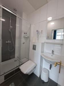 e bagno con doccia, servizi igienici e lavandino. di Hotel Tempelhof - City-Messe-Arena a Colonia