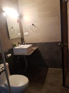 ein Badezimmer mit einem Waschbecken, einem WC und einem Spiegel in der Unterkunft The Arbour Inn in Shillong